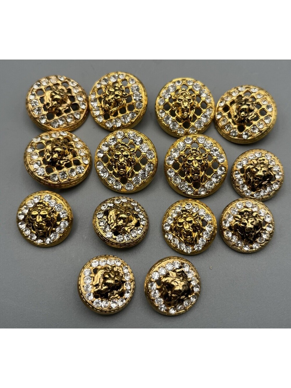 Vintage Baroque Lion Head Rhinestone Gold Tone Buttons Couture Set 14